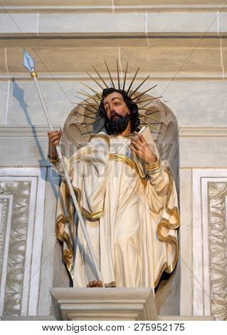 LUCERNE, SWITZERLAND - JUNE 24, 2018: Apostle, statue in the church of St. Leodegar in Lucerne, Switzerland