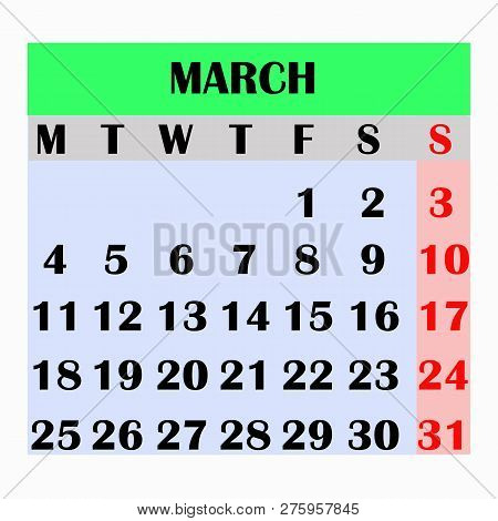 Calendar Design Month March 2019. Year 2019 Calendar. Simple Design For Calendar 2019. Calendar For 