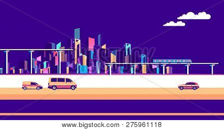 Vector Horizontal Illustration Industrial City Landscape With Road Bridges And Moving Vehicles Banne