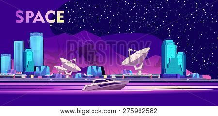 Vector Horizontal Illustration. Intergalactic Base Cosmodromescientific Research Station On The Back