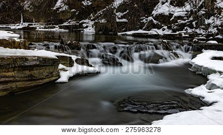 Long Exposure Of Mark Creek Marysville Falls Near Kimberley British Columbia Canada In The Winter Ea