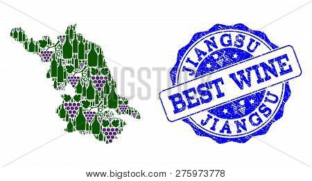 Vector Collage Of Grape Wine Map Of Jiangsu Province And Grunge Stamp For Best Wine. Map Of Jiangsu 