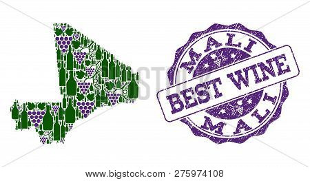 Vector Collage Of Grape Wine Map Of Mali And Grunge Seal For Best Wine. Map Of Mali Collage Created 