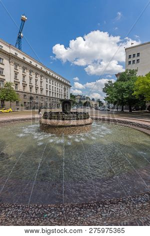 Sofia, Bulgaria -may 20, 2018: Fountain At Atanas Burov Square , Sofia, Bulgaria