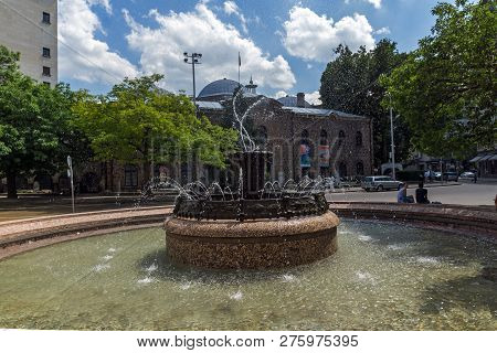 Sofia, Bulgaria -may 20, 2018: Fountain At Atanas Burov Square , Sofia, Bulgaria