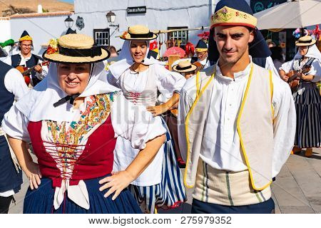 Lanzarote, Dec 15, 2018 - Traditional Dresst People At A Folklore Show In The Old Town Of Teguise On