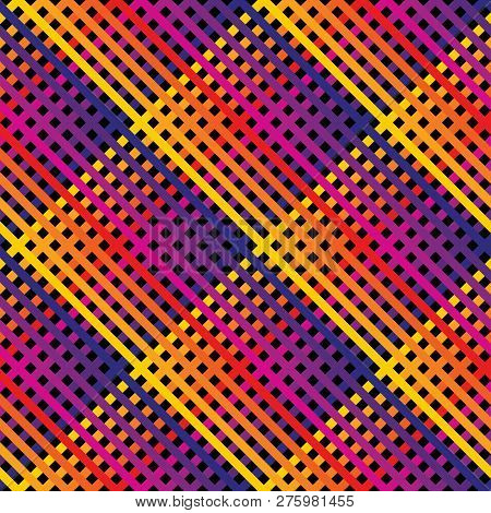 Vector Seamless Pattern. Diagonal Cross Lines In Rainbow Colors. 80-90's Style