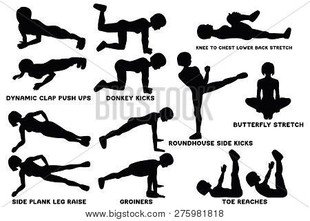 Sport Exersice. Silhouettes Of Woman Doing Exercise. Workout, Training.