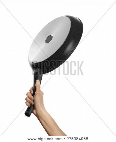 Woman Holding New Clean Frying Pan On White Background