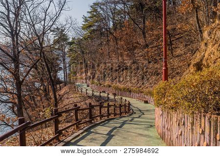 Concrete Walkway With Wooden Railing At Yesan Lake Ecological Park In Yesan, South Korea On Winter D
