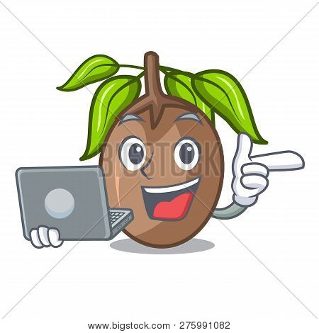 With Laptop Sapodilla Fruit On The Character Bowl