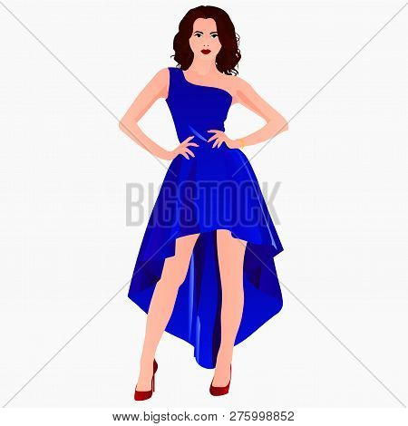 Fashion Illustration Of A Blond Girl In A Long Dress. Watercolor. Vector Illustration.