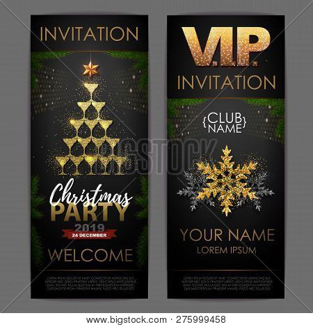 Christmas Poster With Golden Champagne Glasses. Invitation Design. Pyramid Of Champagne Glasses