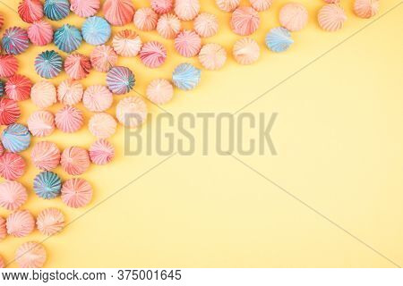 Soft Pink, Blue And Orange Color Of Mini Marshmallows Dessert Top View, Flat Lay Style. Concept For 