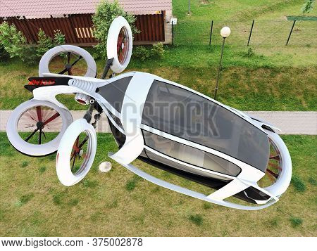 A Futuristic White Flying Car Flying Over The City. Passenger Transport Of The Future.possible Conce