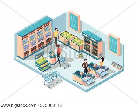 Supermarket Interior Isometric Concept. Characters Make Purchases In Store Shelves Groceries Cold St