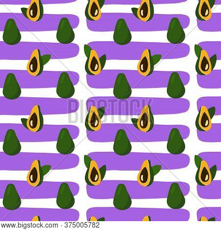 Seamless Pattern With Yellow Avocados. Green Leaves, Slices Of Avocado. Bright Colours. Illustration