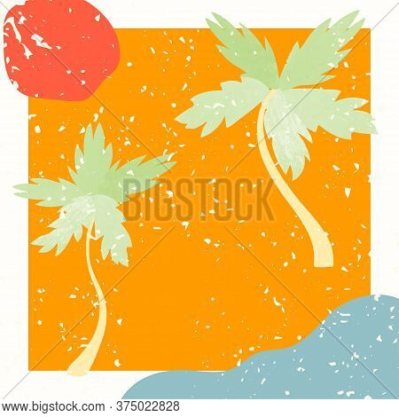 Vector Collage Modern Poster With Illustration Of Summer Sandy Beach. Scandinavian Style. For Poster