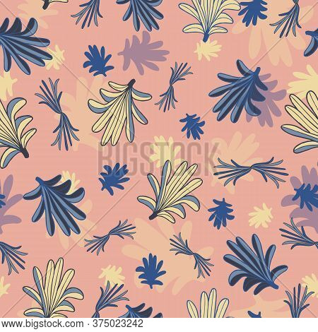Vector Blue Yellow Leaves, Palms Seamless Pattern