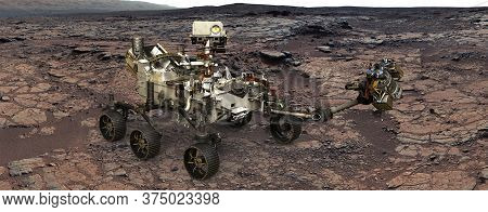 Mars. The Perseverance Rover Deploys Its Equipment Against The Backdrop Of A True Martian Landscape.