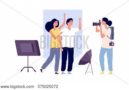 Models And Photographer. Professional Photo Session With Cute Man Woman Flat Characters. Happy Coupl