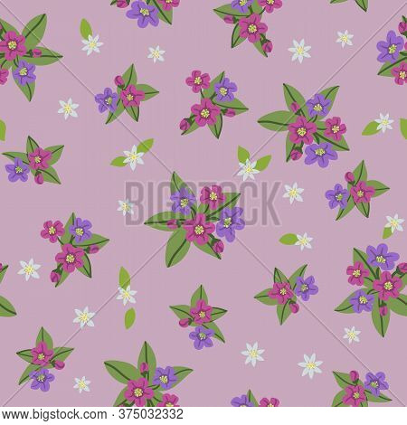 Forest Vector Seamless Pattern In The Kind Of Flowers. Lilac And Purple Flowers Of The Lungwort And 