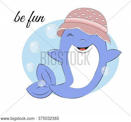 Dolphin Dolphin In Hat Have Fun In Bubble Background. Picture In Hand Drawing Cartoon Style, For T-s