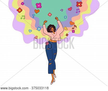 Trendy Young Black Woman Happy Dancing Outdoors And Listening To Music With Her Headphones, On Backg
