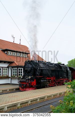 Wernigerode, Germany - May 23, 2020: Locomotive And Carriages Of The Brockenbahn In The Westerntor S
