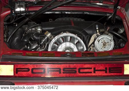 Vigo, Spain - Feb 18, 2020: Engine Of A Red Classic Porsche 911 Coupe Carrera G-modell 915, 1986 On 