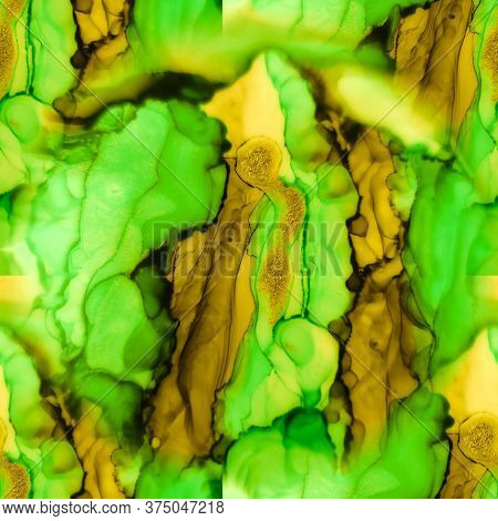 Seamless Acrylic Pattern. Japanese Ink Style. Bright Yellow Wet Washed Print. Yellow, Brown Marble S