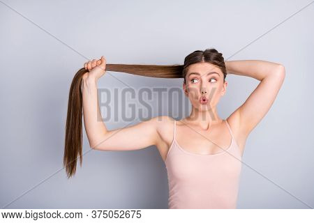 Photo Of Attractive Shocked Model Lady Demonstrating Ideal Neat Long Healthy Hairstyle Making Amazin