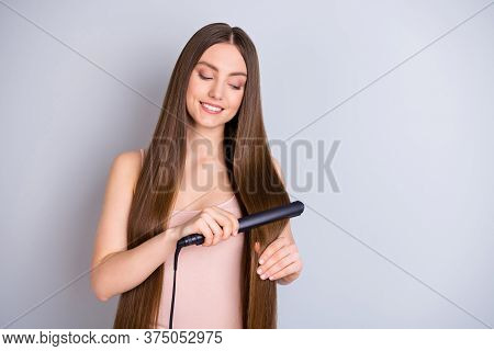 Photo Of Beautiful Model Lady Long Hairstyle Hold Electric Styler Curler Making Straight Curls Prepa