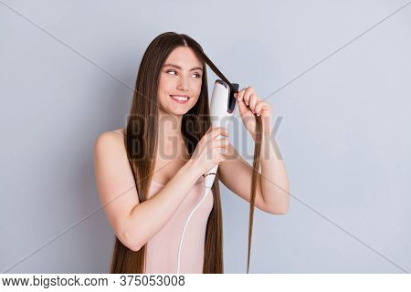 Photo Of Beautiful Model Lady Long Hairstyle Hold Electric Styler Curler Making Straight Curls Wavy 