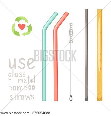 Zero Waste Straws. Concept Of Using Durable And Reusable Natural Eco Items Without Plastic. Hand Dra