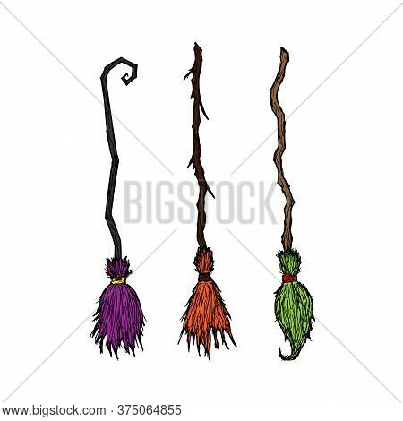 Set Of Witch Brooms. Vector Cartoon Illustrations. Isolated Objects On White. Hand-drawn Style.