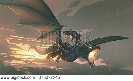 The Black Knight Riding The Dragon Flying In The Sunset Sky, Digital Art Style, Illustration Paintin