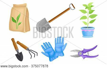 Garden Tools With Rubber Gloves And Ironmongery Vector Set
