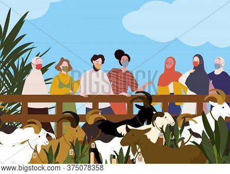 Group Women Wear Mask Looking At Goat Eat Grass For Sacrifice Of Islamic Holy Day Eid Al Adha With F
