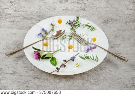 Flowers And Green Plant In A White Plate With Fork And Spoon On A Grey Textured Background, Vegetari
