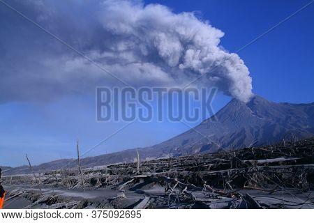 Eruption Of Mount Merapi From Close Range. Mount Merapi Is Located In Central Java