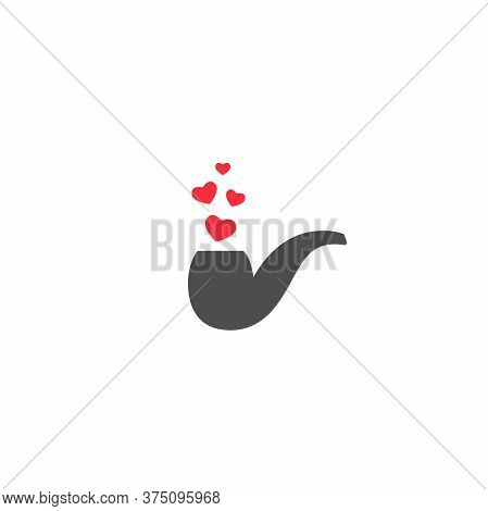 Tobacco Wood Smoking Pipe With Red Hearts Silhouette Icon. Peace Pipe.