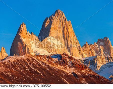 Fitz Roy Close Up Sunrise View. Fitz Roy Is A Mountain Located Near El Chalten, In The Southern Pata