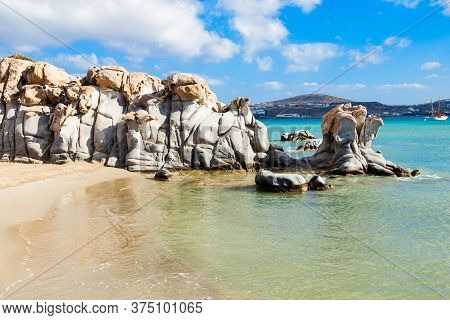 Kolimbithres Beach With Beauty Stone Rocks On The Paros Island In Greece
