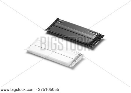 Blank Black And White Chocolate Bar Foil Wrap Mockup, Back Side View, 3d Rendering. Empty Rectangula