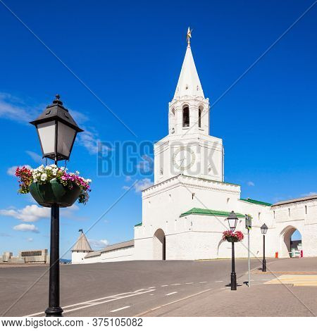 The Spasskaya Or Saviors Tower In Kazan Kremlin In Russia. Spasskaya Tower Serves As Kremlin Main En