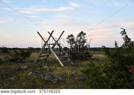 Traditional Wooden Stile By A Fence In The Great Barren Landscape Stora Alvaret On The Island Oland 