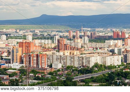 Krasnoyarsk City Aerial Panoramic View From Karaulnaya Mountain Viewpoint In Krasnoyarsk, Russia