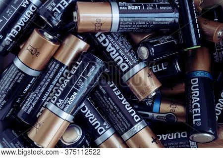 Kiev, Urkaine, 16 June 2020, Closeup At Pile Of Duracell Aa Alkaline Batteries.