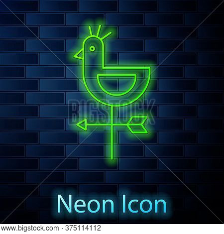 Glowing Neon Line Rooster Weather Vane Icon Isolated On Brick Wall Background. Weathercock Sign. Win
